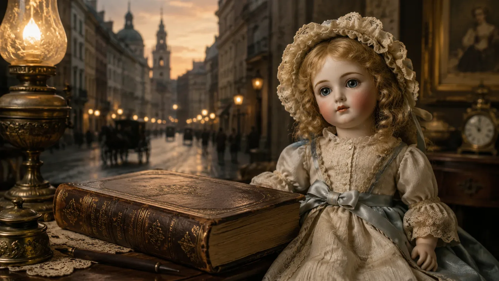 Boneca de porcelana em traje vitoriano ao lado de um livro antigo, com rua europeia do século XIX iluminada ao fundo.