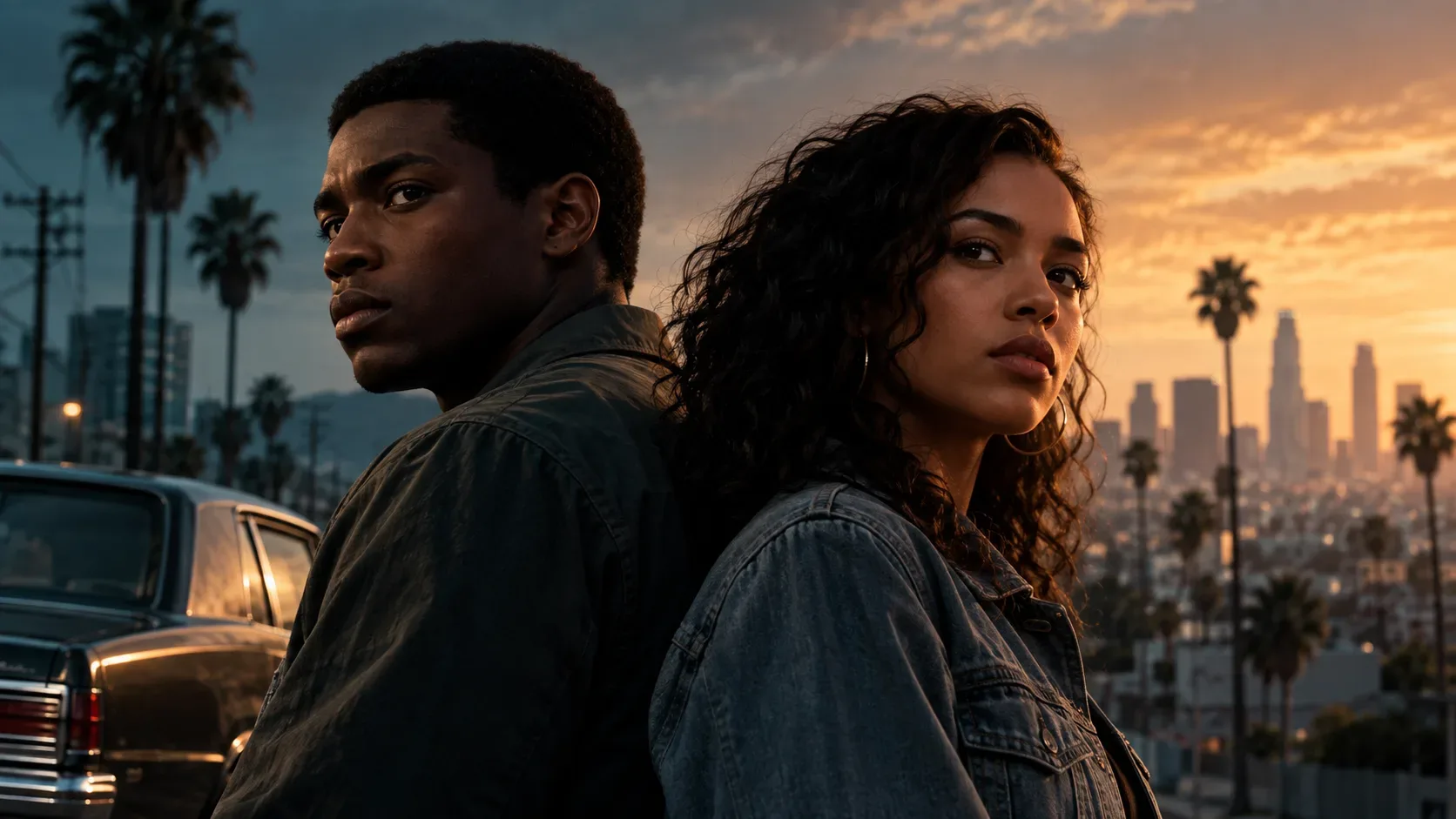 Homem e mulher negros de costas um para o outro diante do horizonte de Los Angeles ao pôr do sol, com palmeiras e um carro clássico ao fundo.