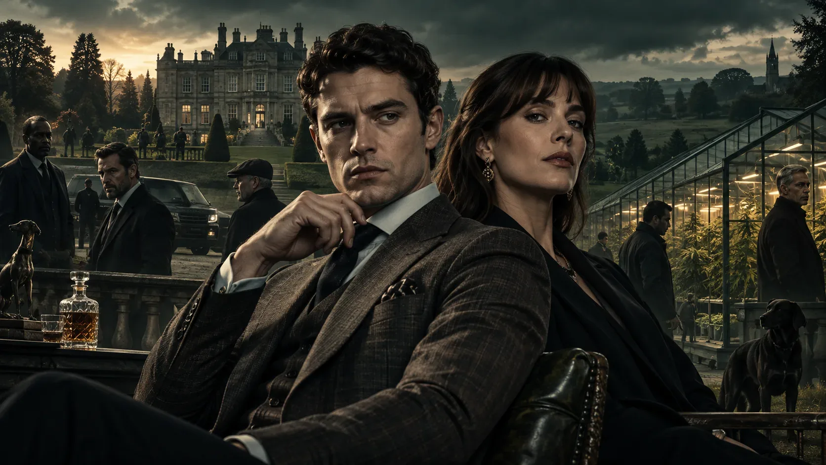 Eddie e Susie em primeiro plano diante de uma mansão inglesa, com aliados, rivais e uma estufa iluminada ao fundo.