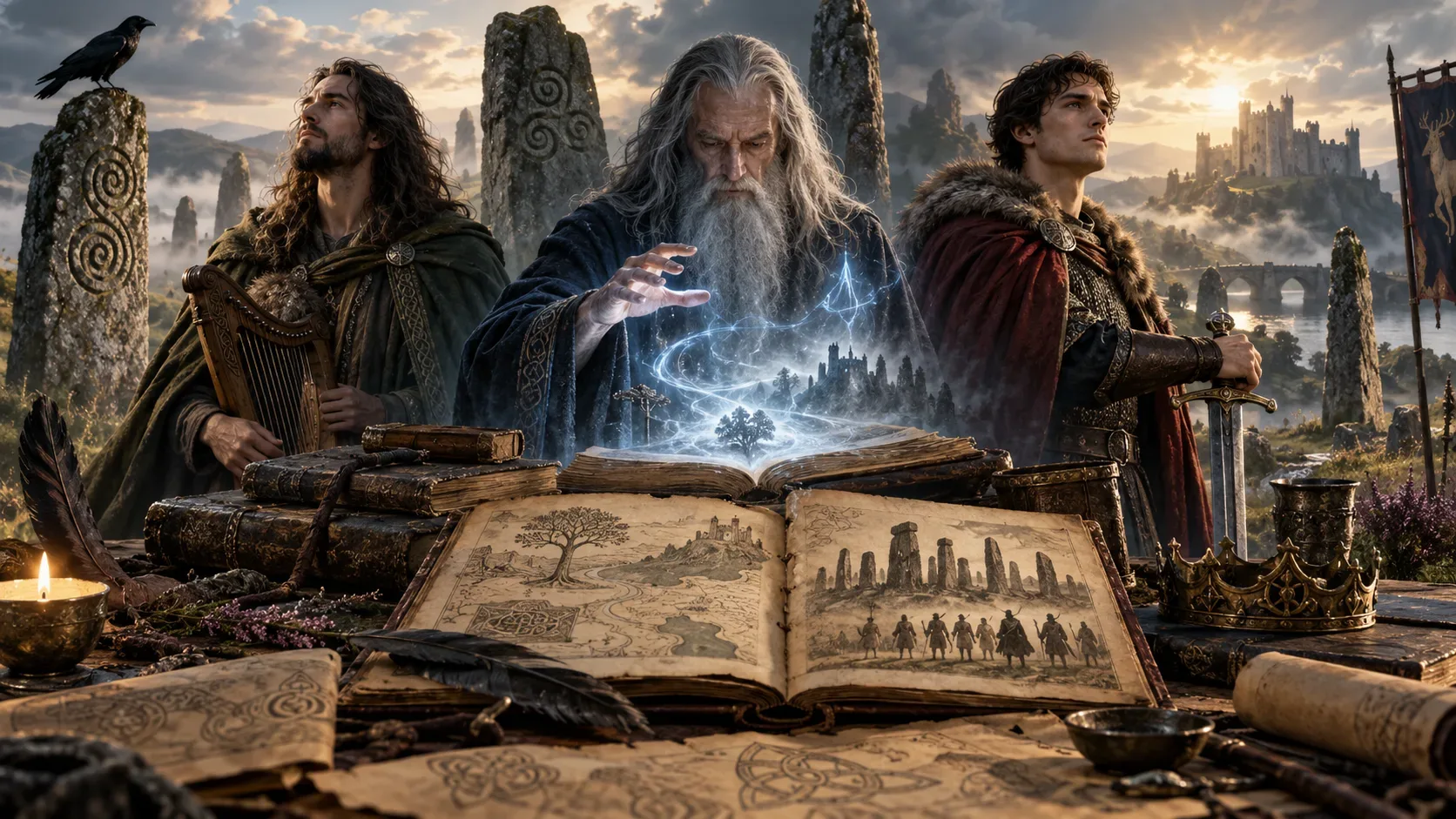Três figuras arturianas — um bardo, um mago idoso e um jovem guerreiro — diante de livros antigos, espada e coroa, com pedras celtas e castelo ao fundo.