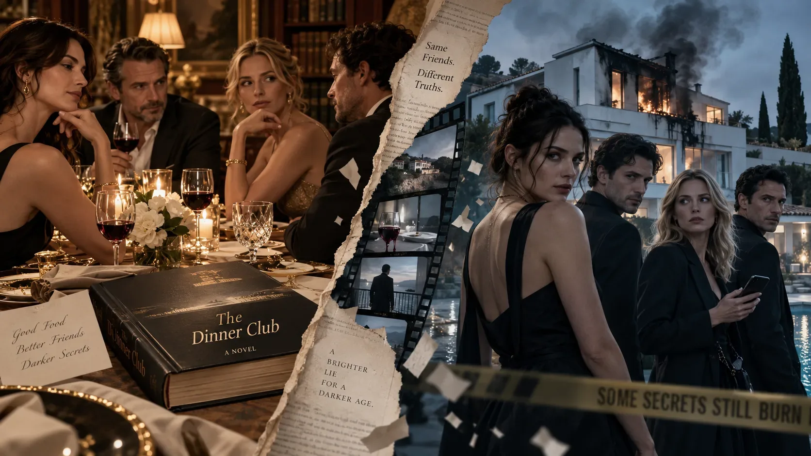 Composição dividida entre um jantar elegante com o livro The Dinner Club à esquerda e um grupo diante de uma villa em chamas à direita, unidos por páginas rasgadas e uma película de filme.