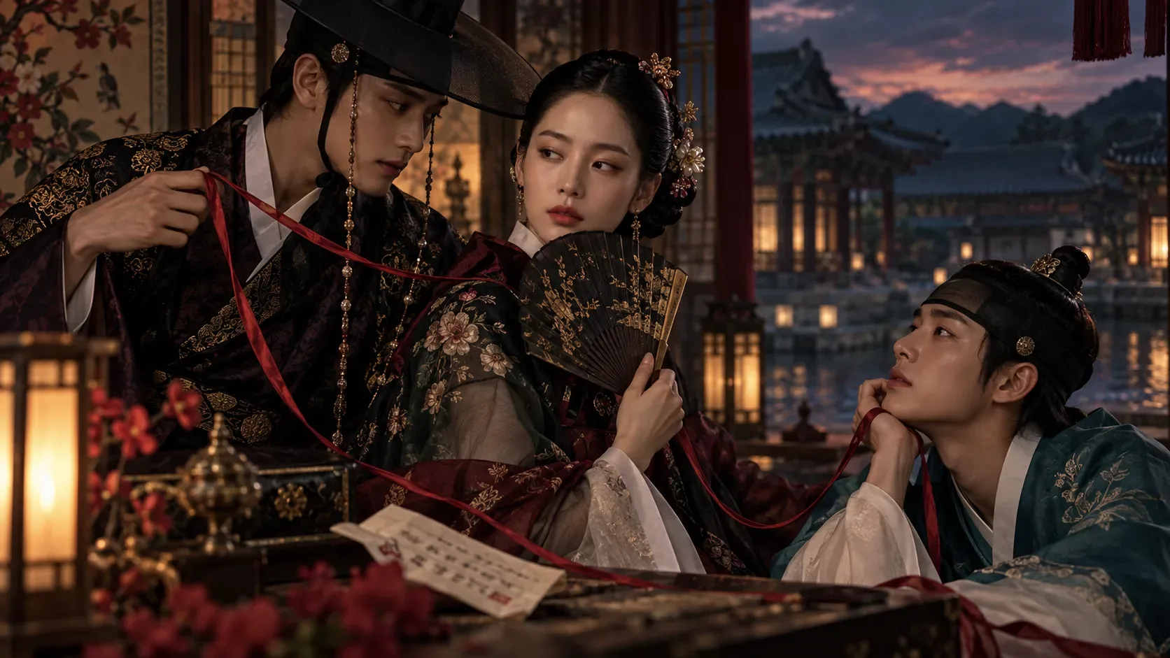 Três personagens em trajes da era Joseon ligados por uma fita vermelha, com leque, carta e palácio iluminado ao crepúsculo.