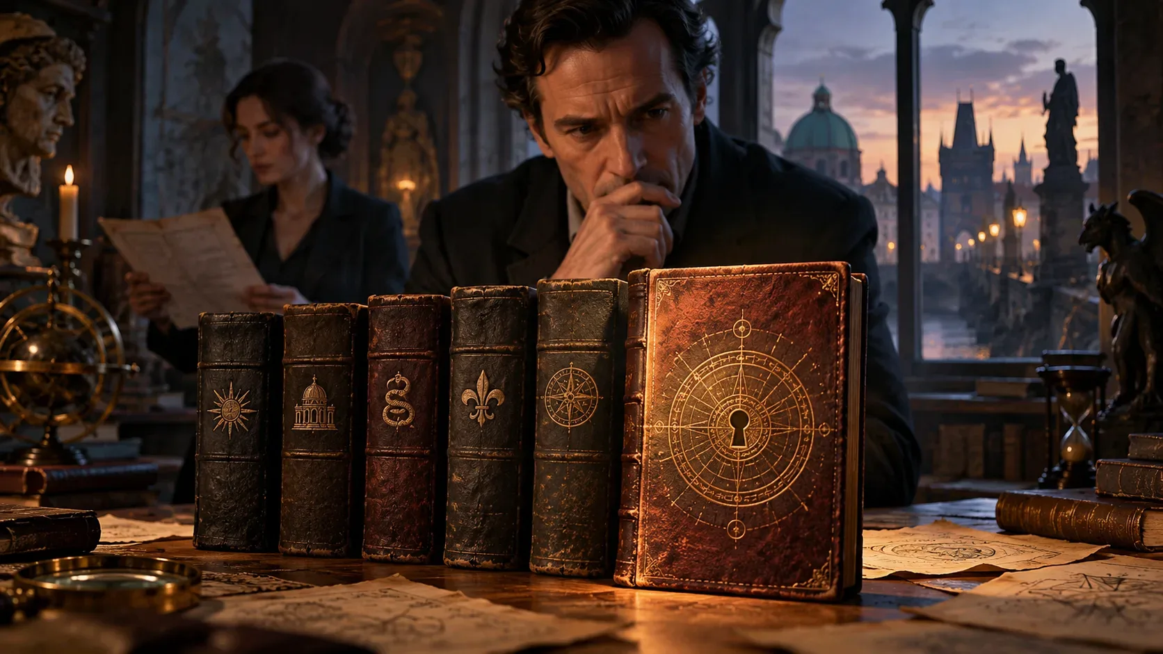 Seis livros antigos de couro sobre uma mesa, com o sexto destacado diante de um pesquisador e de uma mulher, enquanto uma paisagem de Praga aparece ao fundo.