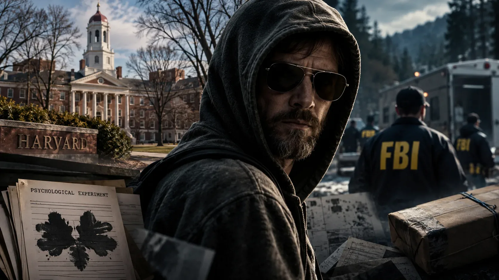 Homem de capuz e óculos escuros diante de um campus de Harvard, com agentes do FBI, documentos de experimento psicológico e um pacote suspeito.