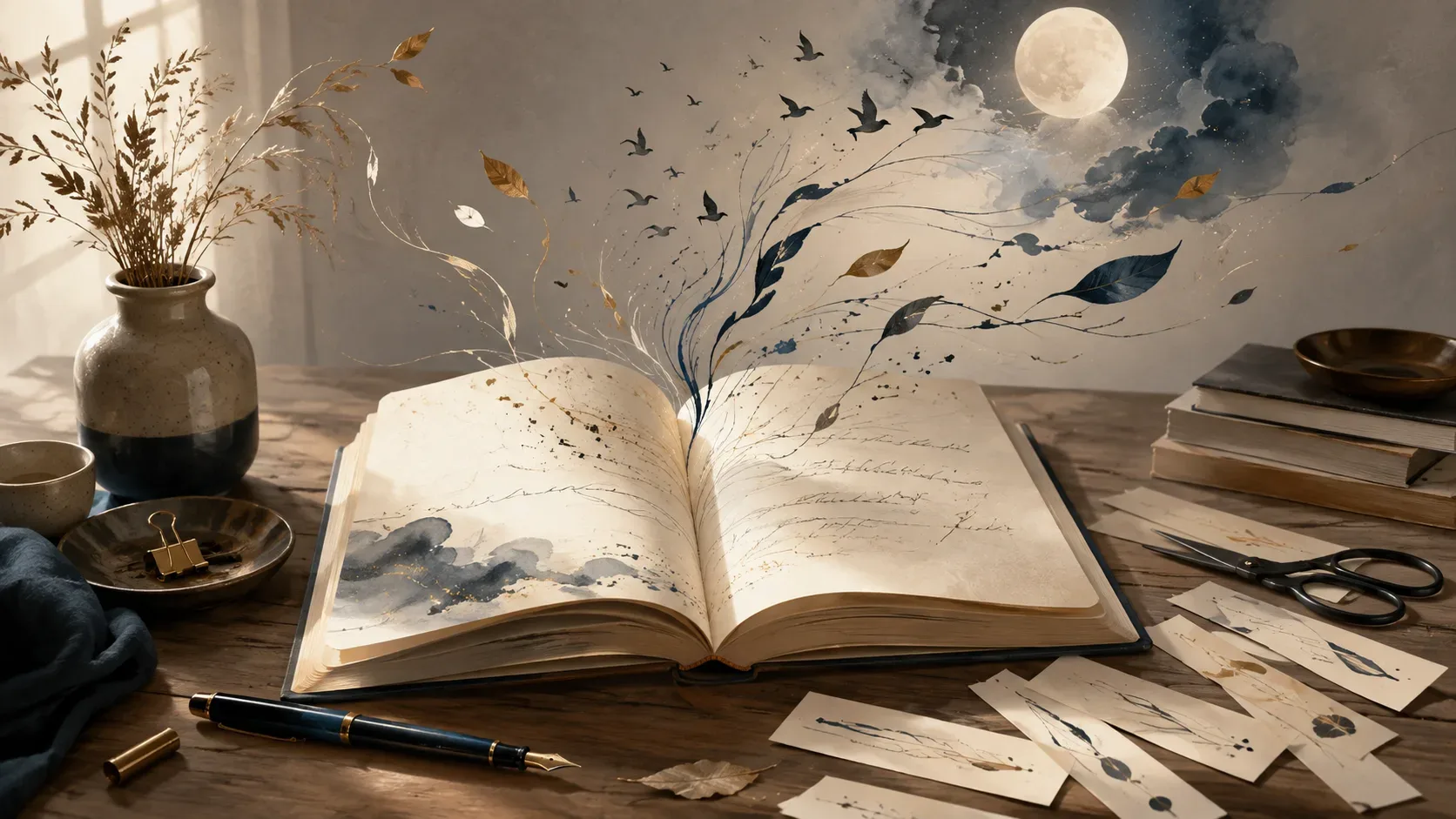 Caderno aberto sobre uma mesa com caneta-tinteiro, tiras de papel e formas abstratas azuis e douradas que se transformam em folhas, pássaros e lua.