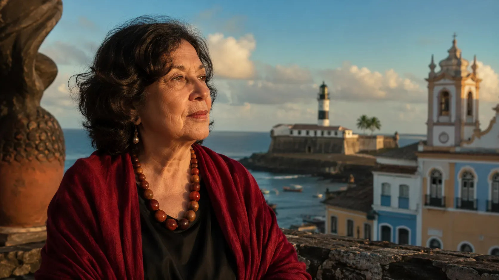 Retrato de Myriam Fraga com referências visuais ao mar e ao Centro Histórico de Salvador.