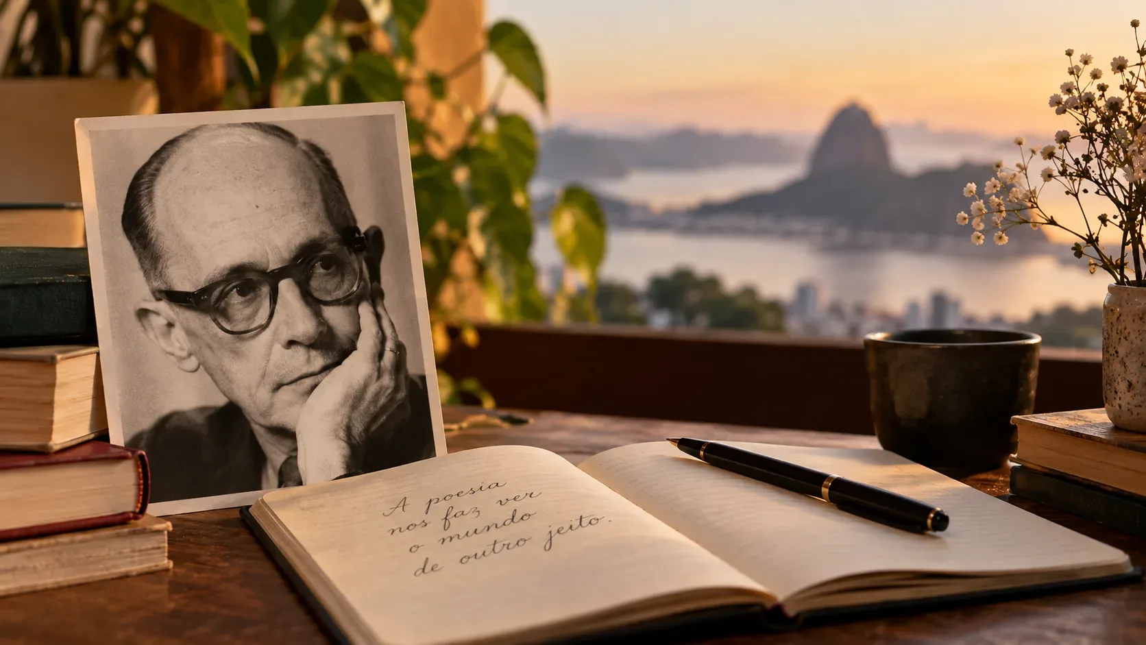 Retrato em preto e branco de um homem de óculos apoiando o rosto na mão, ao lado de livros, caderno manuscrito e caneta, com paisagem do Rio de Janeiro ao fundo.