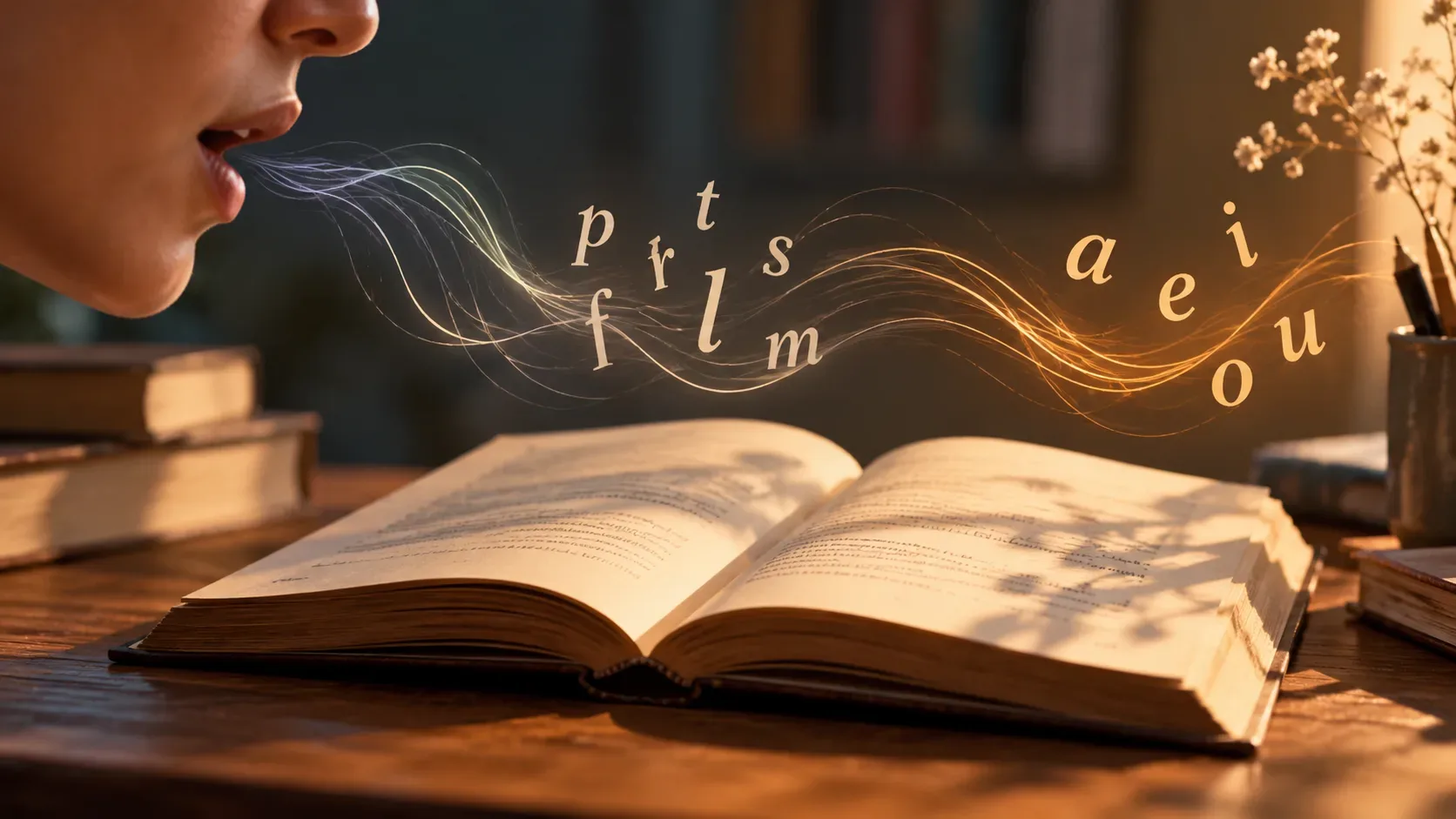 Livro de poesia aberto sobre mesa de madeira, perfil de pessoa falando e ondas sonoras luminosas com letras consonantais e vogais em tons frios e dourados.