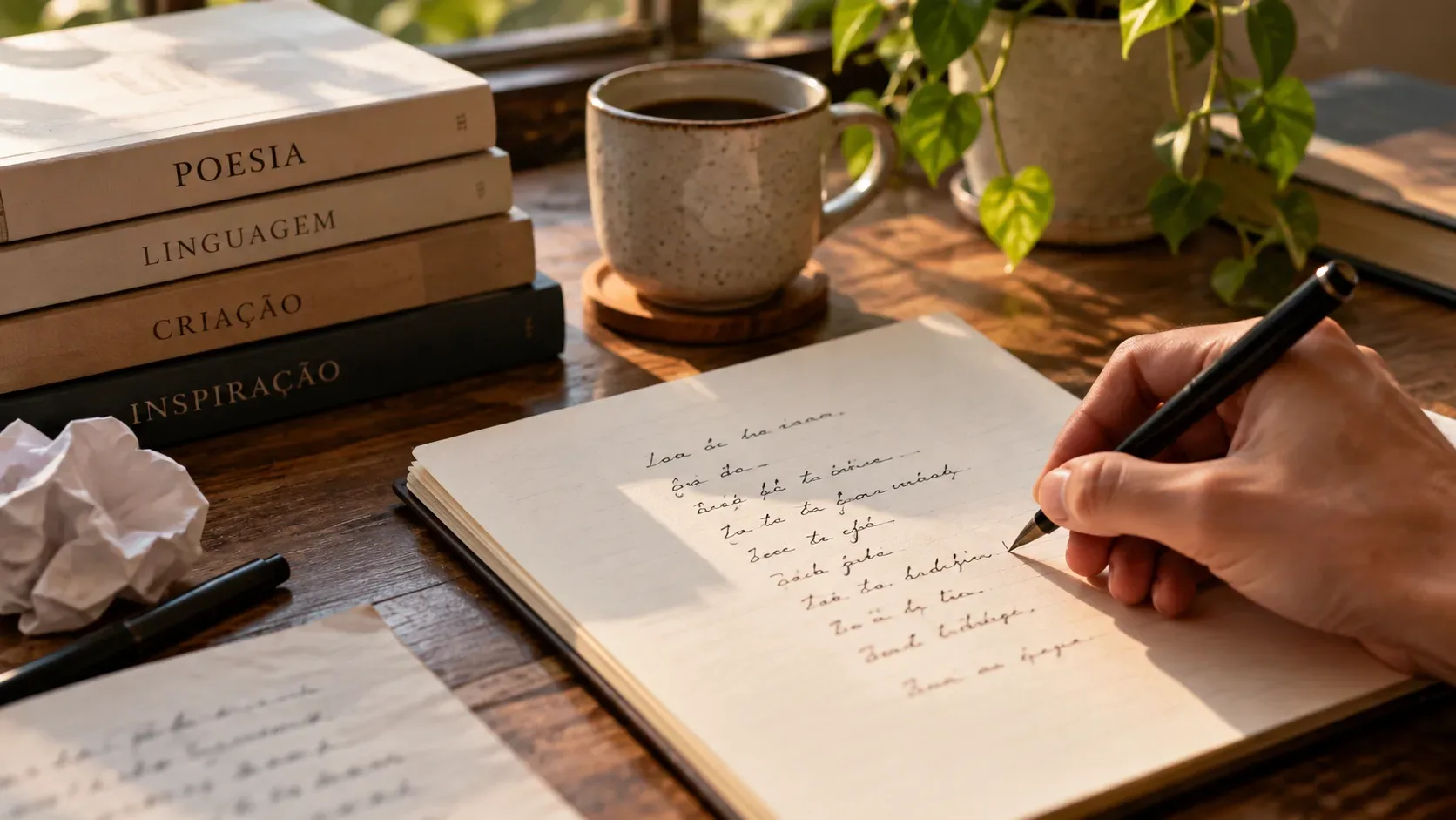 Mão escrevendo em caderno aberto sobre mesa de madeira, com livros, xícara de café e planta ao lado sob luz natural.