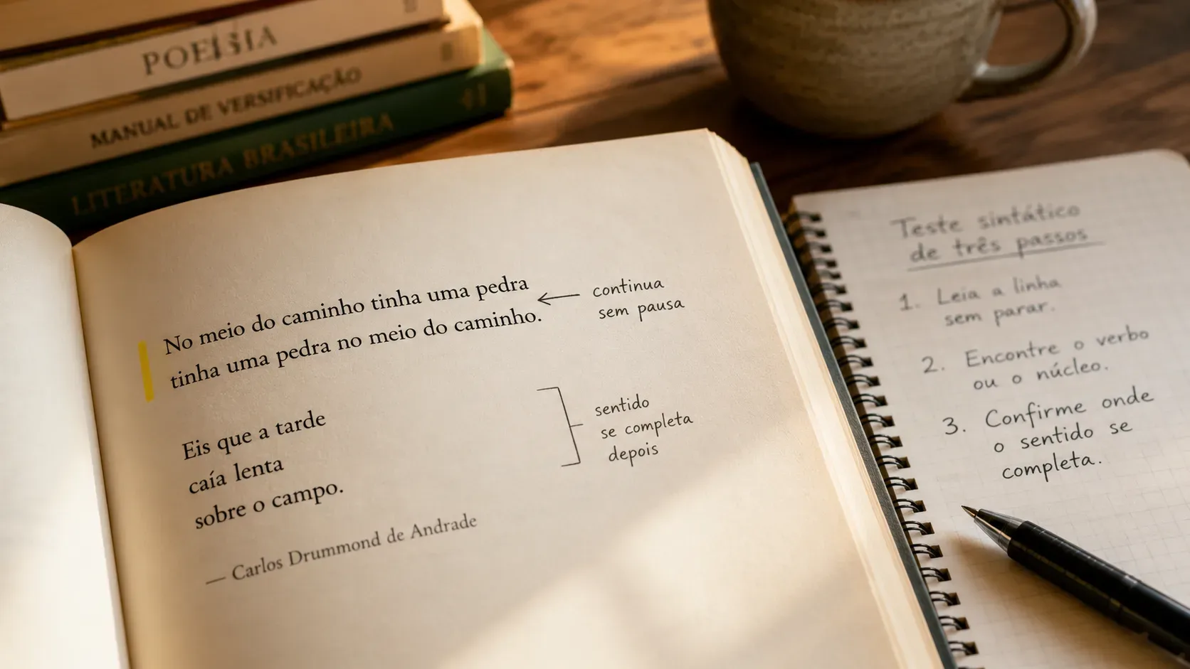 Livro de poesia aberto sobre uma mesa de madeira, com versos anotados e um caderno ao lado sob luz quente.