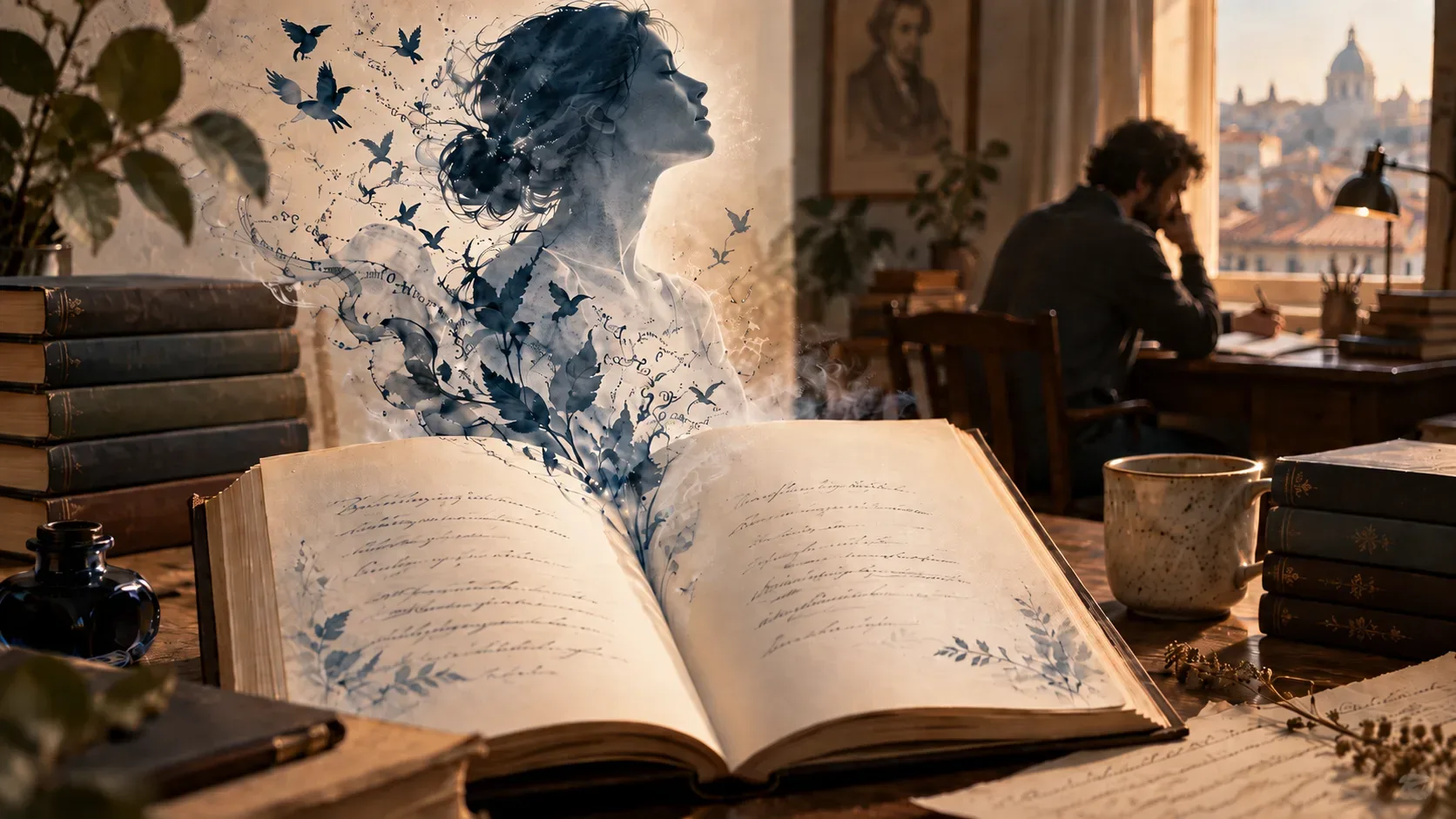 Livro aberto sobre uma mesa de onde surge uma figura etérea em tinta azul, enquanto um escritor aparece ao fundo diante de uma janela.