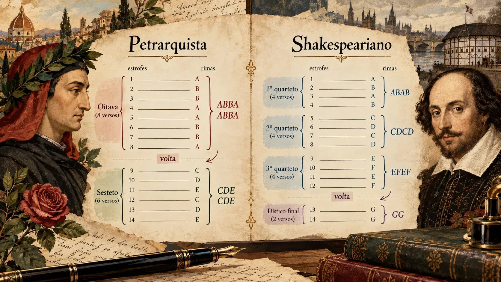 Ilustração em formato de livro antigo compara os sonetos petrarquista e shakespeariano, com retratos dos poetas, esquemas de estrofes, rimas e indicação da volta.