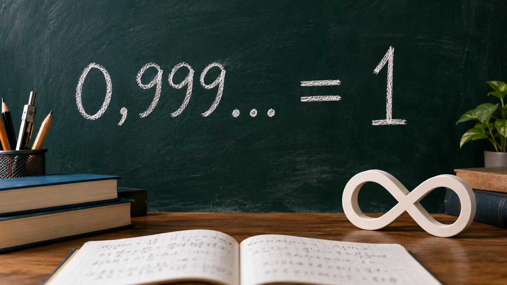 Quadro-negro com “0,999... = 1” escrito a giz acima de uma mesa com livros, caderno e um símbolo de infinito.