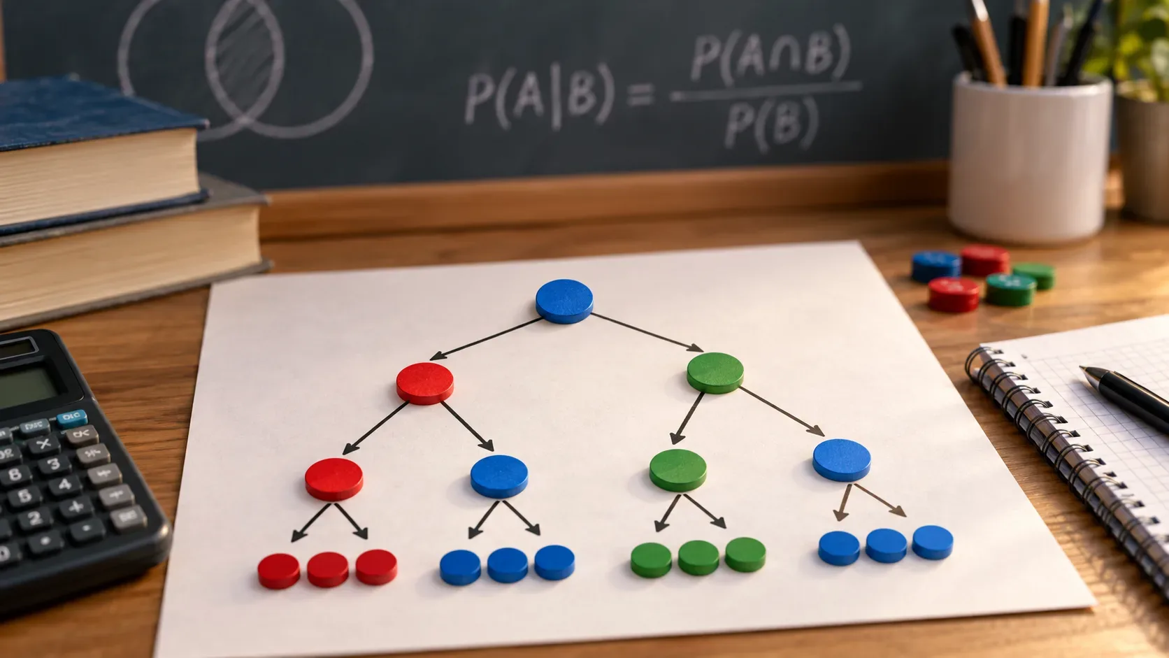 Mesa de estudo com uma árvore de probabilidades desenhada em papel, marcadores coloridos sobre os ramos, calculadora e quadro ao fundo com notação de probabilidade condicional.
