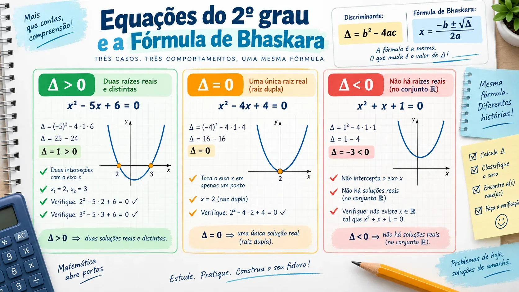 Caderno com três quadros coloridos de equações do segundo grau, cálculos do delta e parábolas que cruzam, tocam ou não encontram o eixo x.