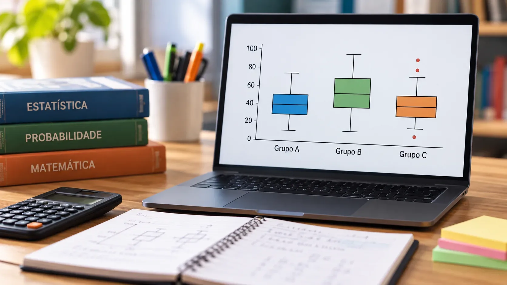 Notebook exibindo três boxplots coloridos para grupos A, B e C em uma mesa de estudos com livros de estatística, probabilidade e matemática.