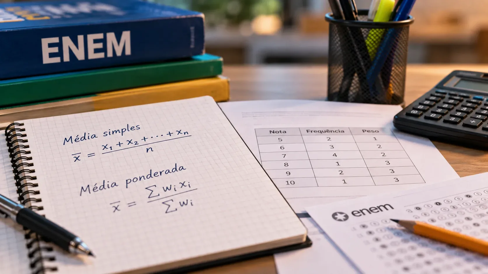Mesa de estudos com caderno mostrando fórmulas de média simples e ponderada, tabela de notas e frequências, calculadora e material do Enem.
