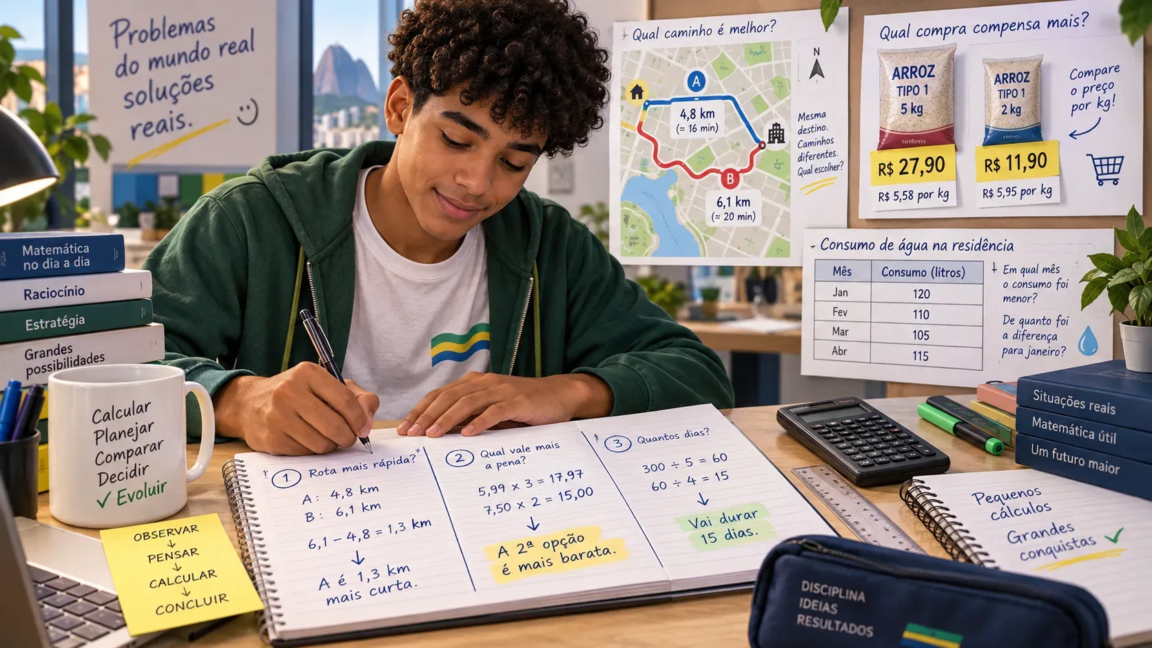 Estudante resolvendo problemas de matemática em um caderno, com mapa de rotas, comparação de preços, tabela e calculadora ao redor.