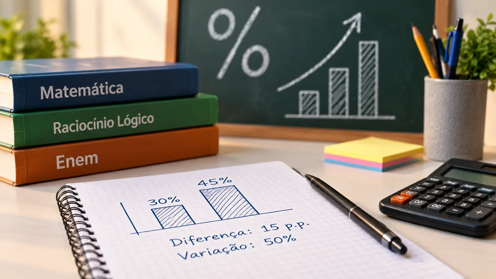 Mesa de estudos com livros de matemática e Enem, caderno com barras de 30% e 45%, anotações de diferença de 15 p.p. e variação de 50%, calculadora e quadro com símbolo de porcentagem.