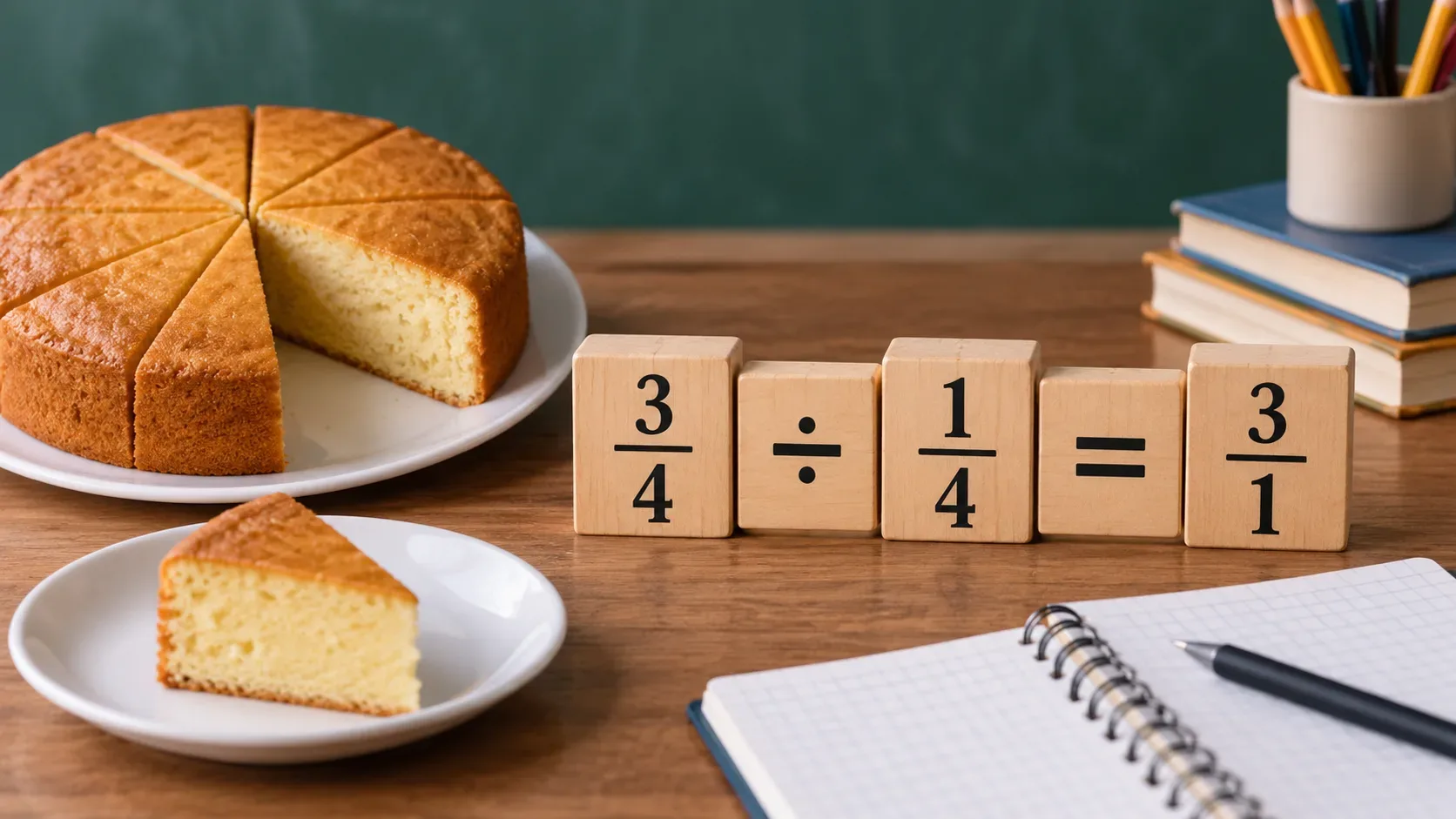 Bolo dividido em porções ao lado de blocos de madeira que mostram 3/4 dividido por 1/4 igual a 3, em uma mesa de estudo.