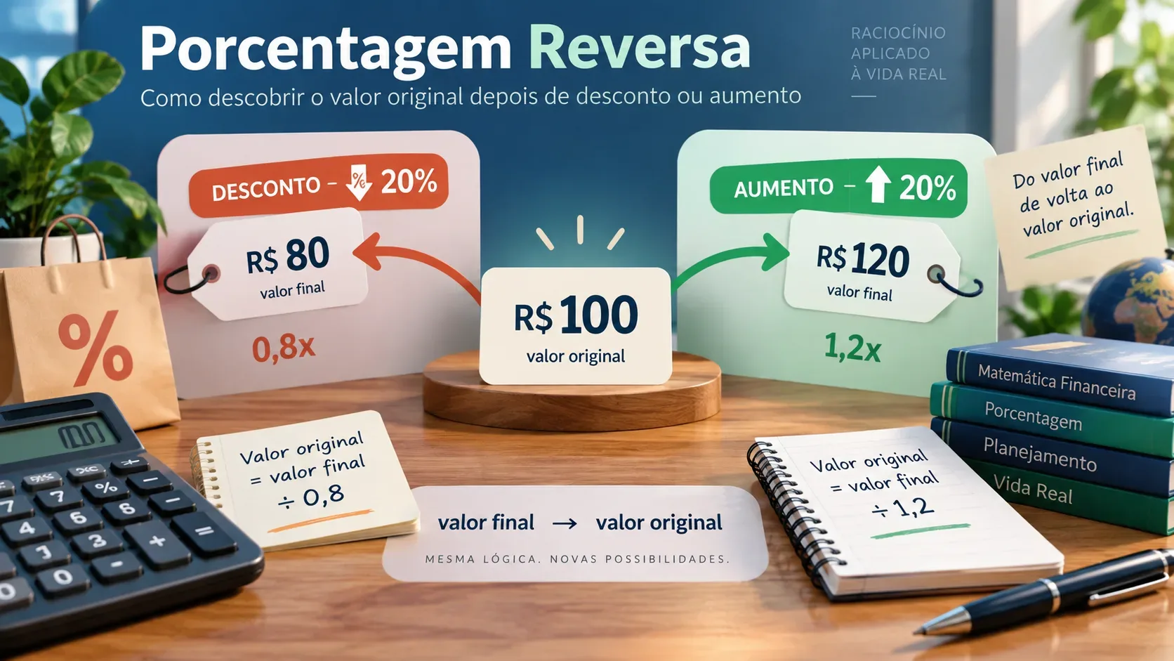 Composição educativa sobre porcentagem reversa com R$ 100 como valor original, R$ 80 após desconto de 20% e R$ 120 após aumento de 20%, além de calculadora e anotações.