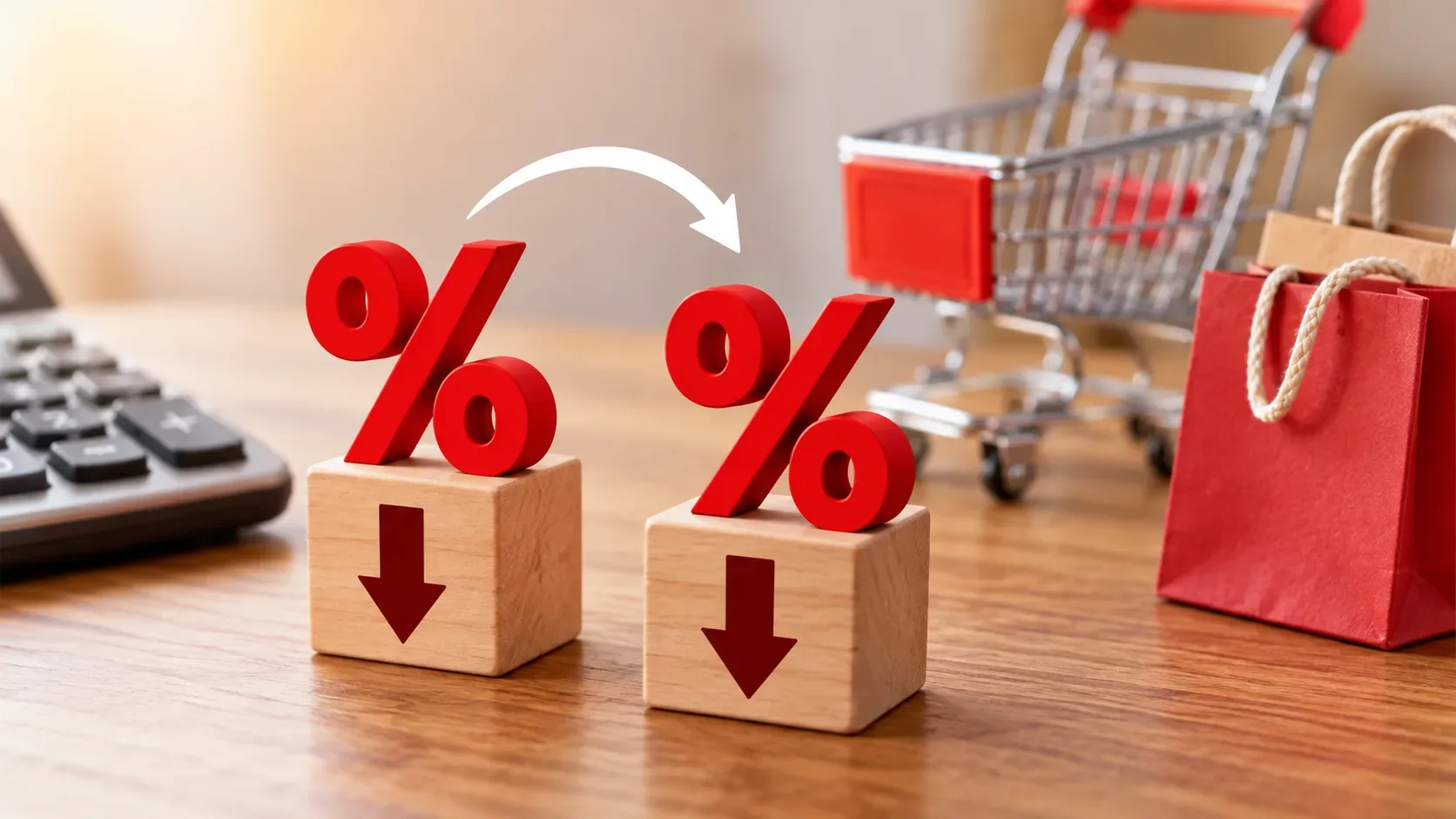 Dois símbolos vermelhos de porcentagem sobre blocos de madeira com setas para baixo, ligados por uma seta curva, ao lado de um carrinho de compras e sacolas.