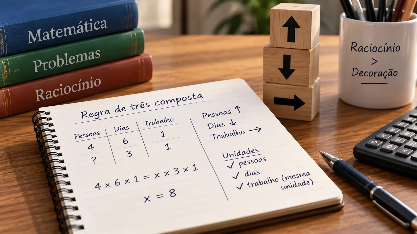 Mesa de estudo com caderno mostrando uma regra de três composta, cálculo com x igual a 8, blocos com setas, livros de matemática, calculadora e caneta.
