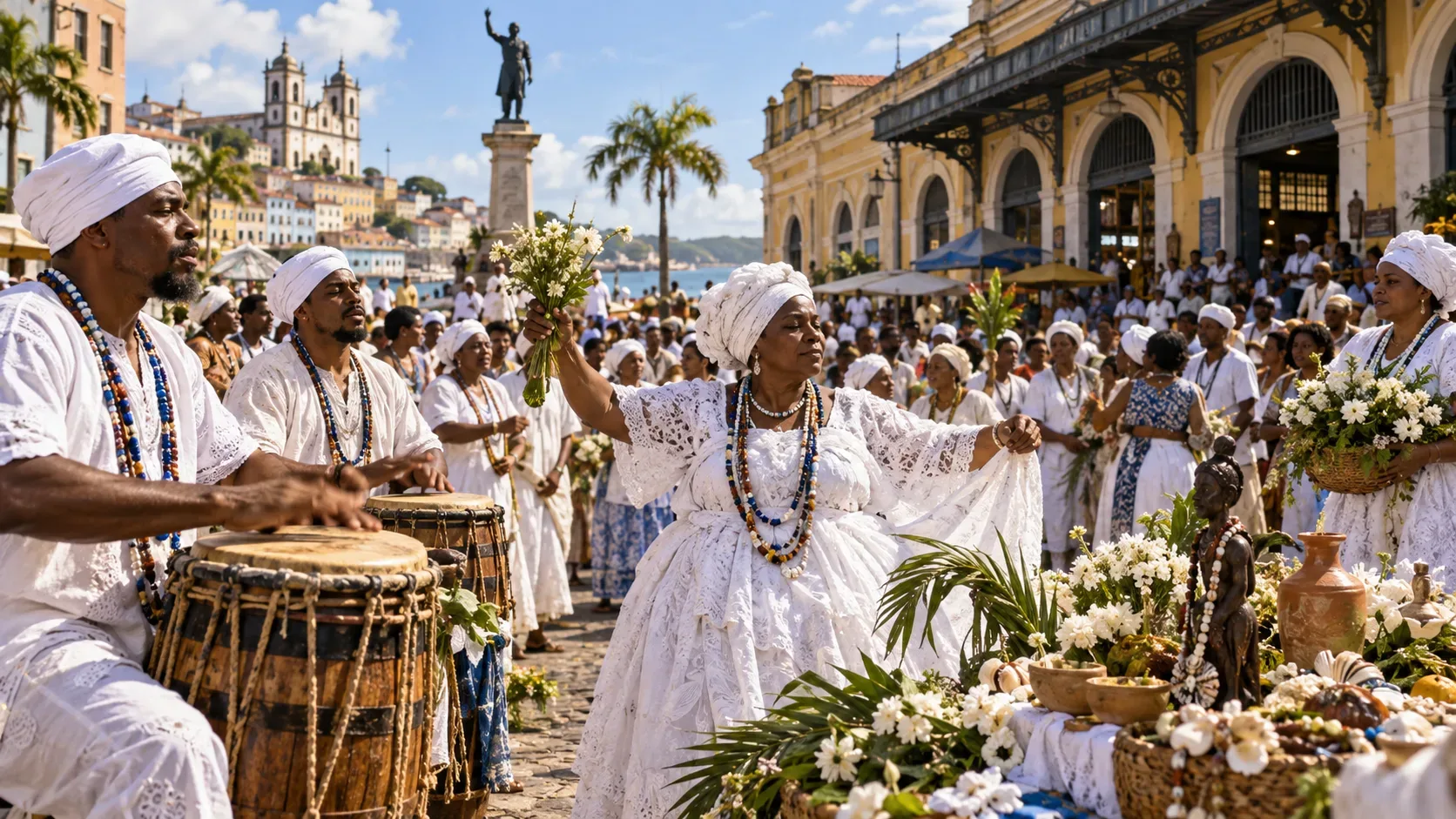 Celebração afro-brasileira ao ar livre diante de um mercado histórico, com participantes vestidos de branco, atabaques, flores e oferendas.