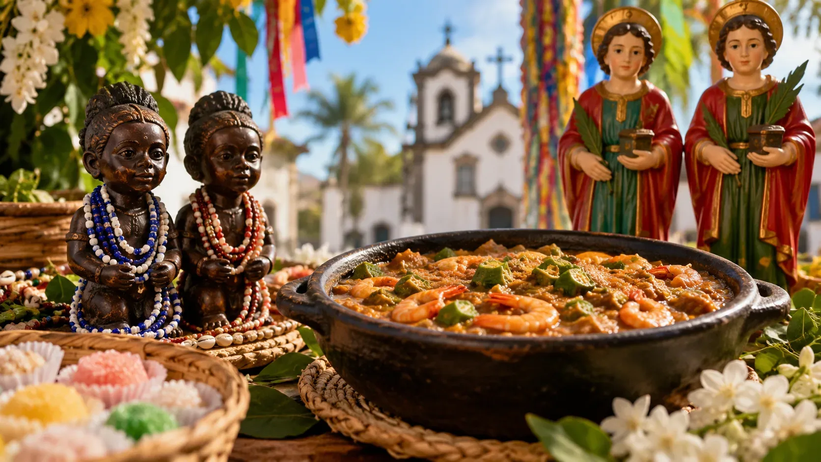Panela de caruru ao centro, entre duas figuras infantis com contas e duas imagens de santos gêmeos, com igreja e fitas coloridas ao fundo.