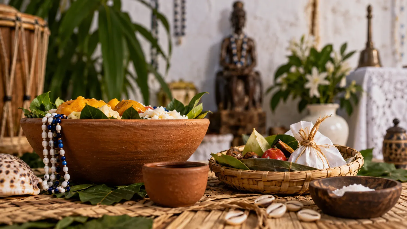 Mesa ritual com tigelas de barro, folhas, alimentos, contas, búzios e objetos de oferenda em ambiente de terreiro, sem pessoas.