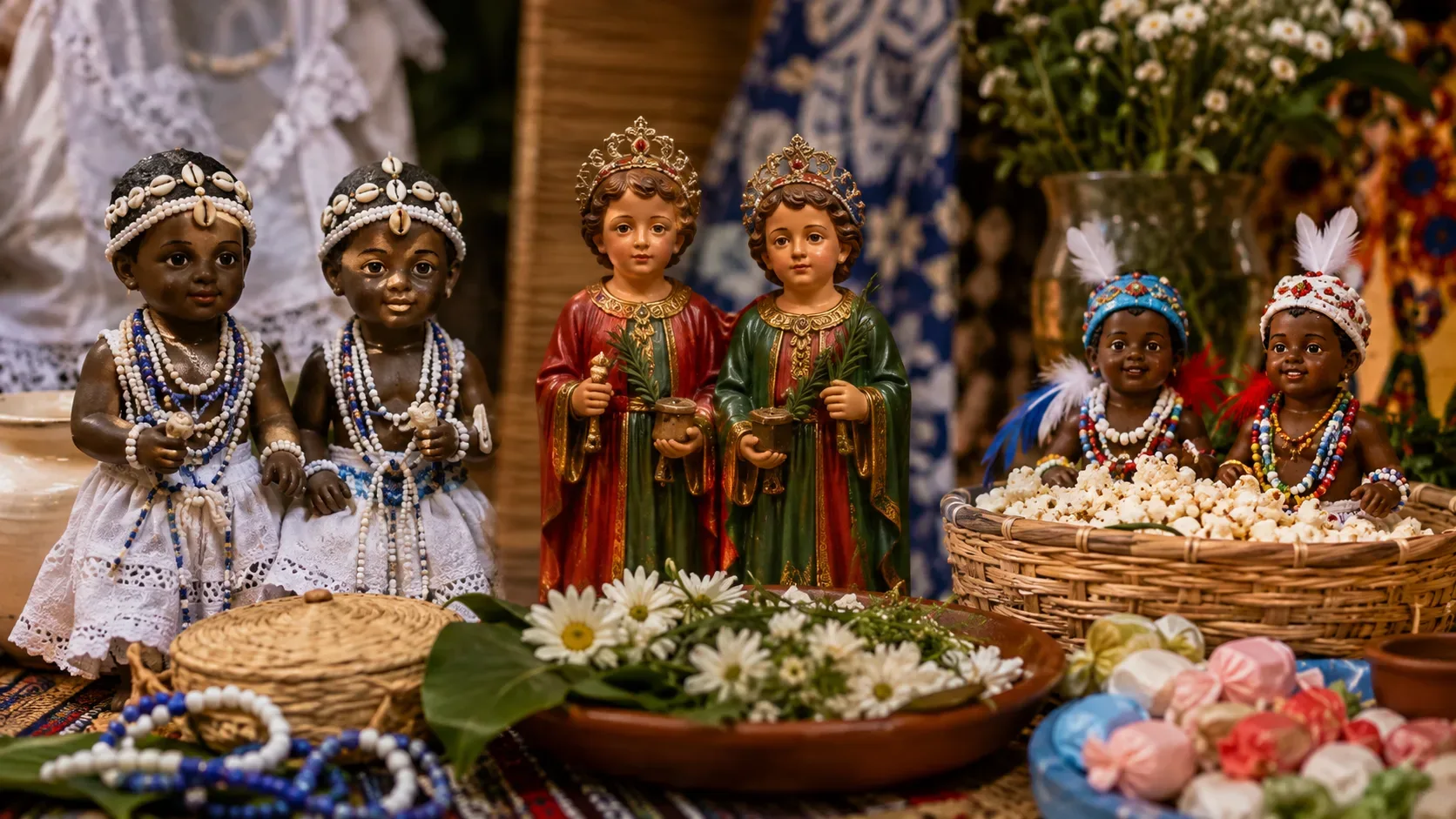 Figuras infantis com contas, conchas e vestes cerimoniais ao lado de duas imagens de santos gêmeos, com flores, doces e oferendas sobre uma mesa.