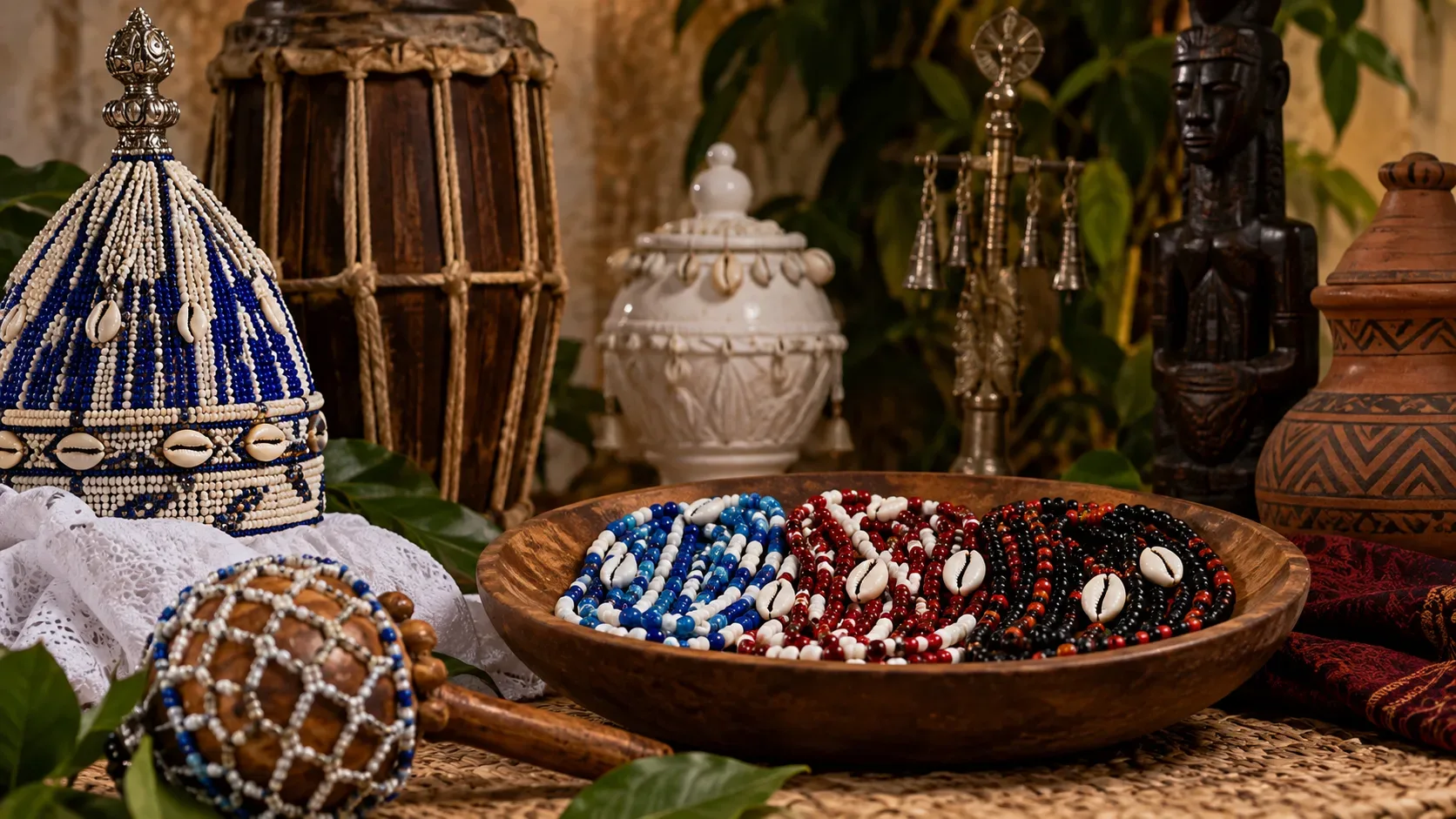 Composição ritual com colares de contas e búzios em azul, branco, vermelho e preto, atabaque, cerâmicas e objetos de madeira entre folhagens.