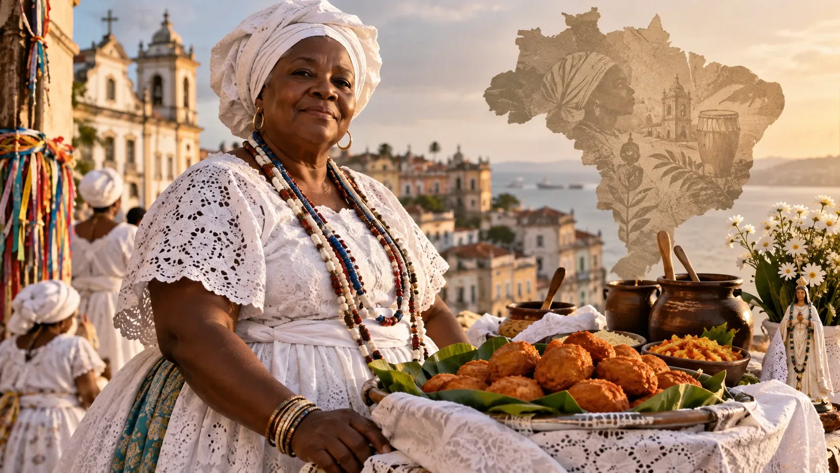 Baiana de acarajé em traje branco tradicional junto ao tabuleiro com acarajés, diante de casario histórico, com silhueta do Brasil ao fundo.