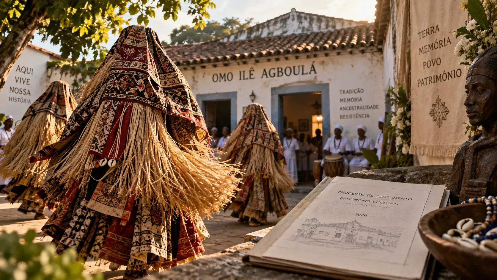 Representação editorial de um terreiro com figuras rituais cobertas por tecidos e palha, comunidade vestida de branco e um dossiê de patrimônio em primeiro plano.