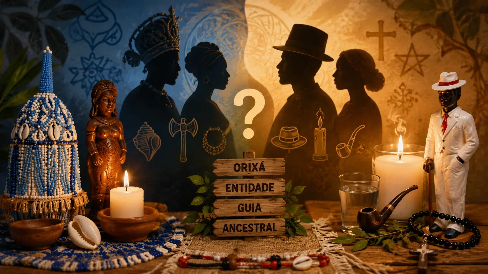 Composição dividida em tons azuis e dourados com silhuetas, contas, búzios, velas e objetos rituais, um ponto de interrogação ao centro e placas de madeira com os termos orixá, entidade, guia e ancestral.