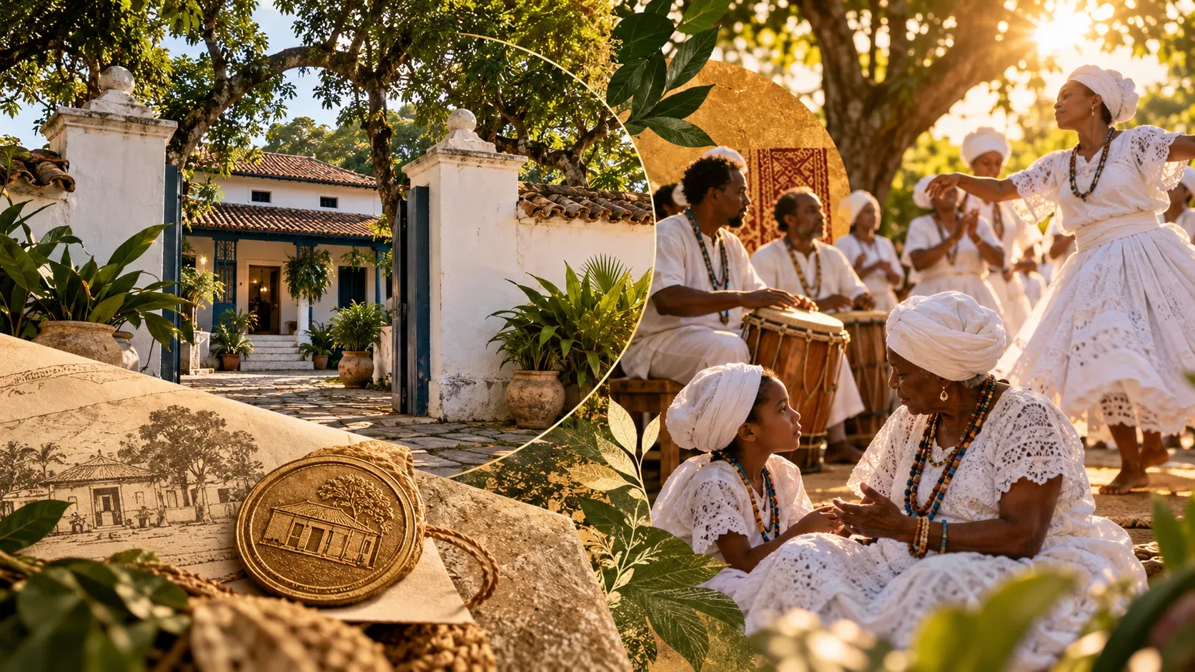 Composição editorial com pátio de terreiro e elementos de preservação à esquerda, e comunidade vestida de branco reunida em música, dança e transmissão de saberes à direita.
