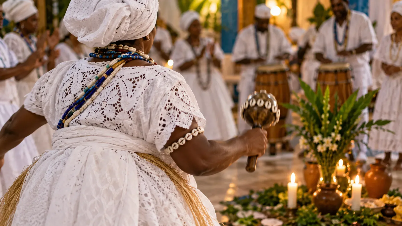 Pessoa vestida de branco segura um instrumento de mão diante de tocadores de atabaque e outros participantes de branco, com velas, vasos e folhagens no espaço ritual.