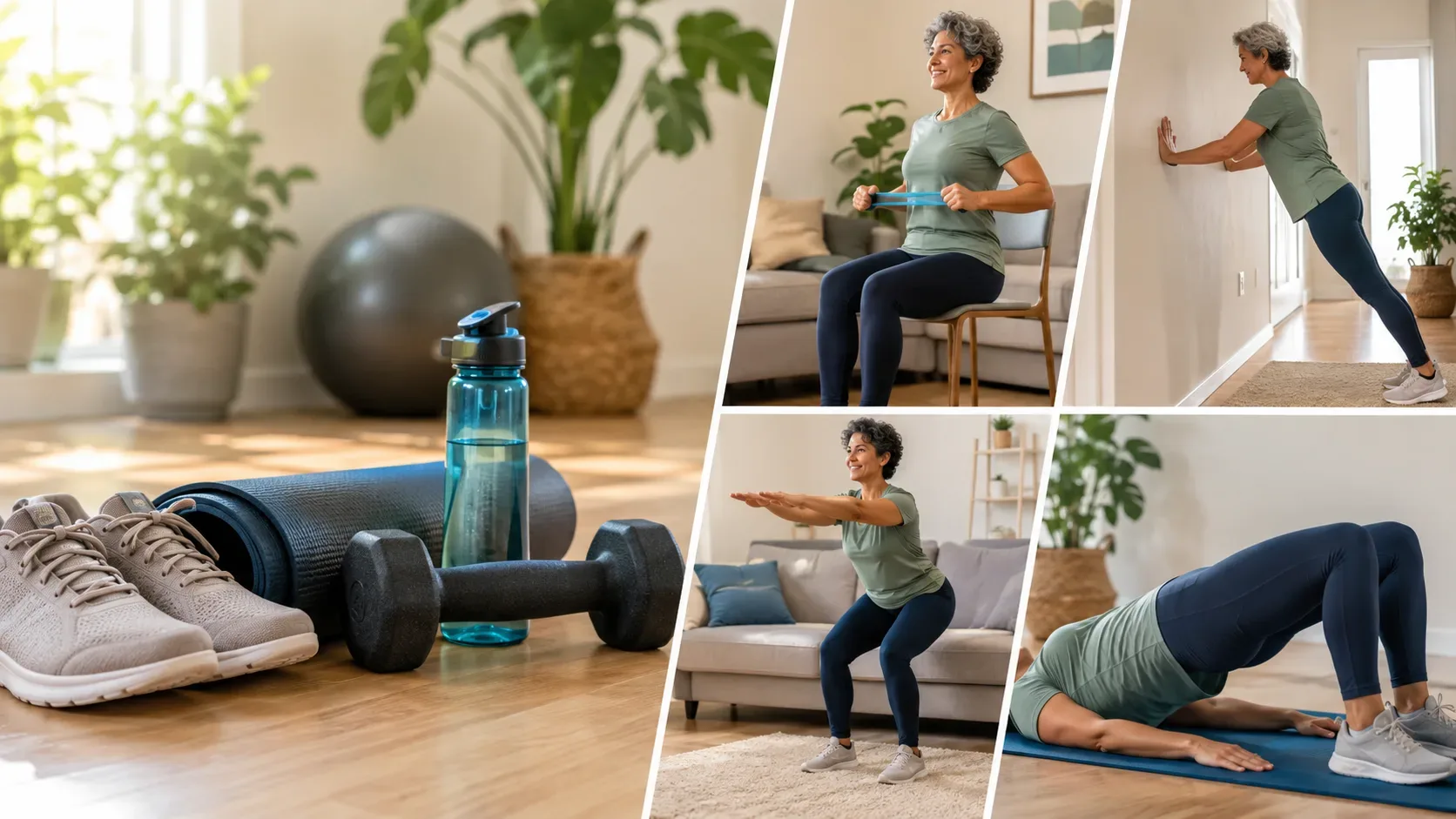 Exemplo de semana com caminhada e dois dias de fortalecimento, incluindo opções de exercícios sentados e apoiados.