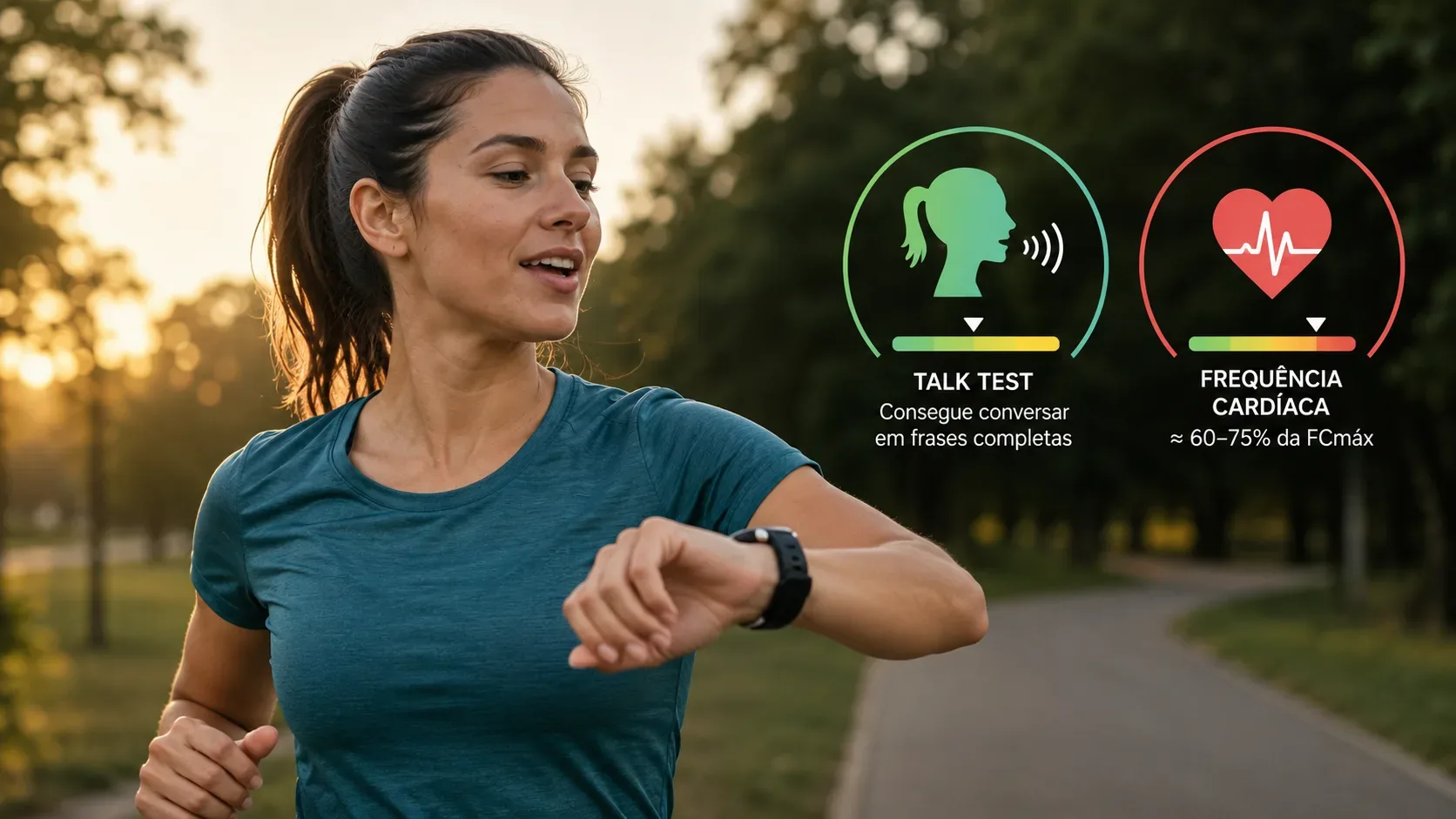 Mulher correndo em um parque ao entardecer, olhando para um relógio esportivo, com indicadores visuais de talk test e frequência cardíaca ao lado.