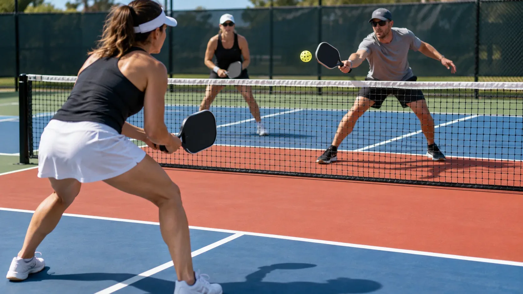 Três jogadores de pickleball disputam uma bola junto à rede em quadra externa, com a faixa da zona de não voleio visível dos dois lados.