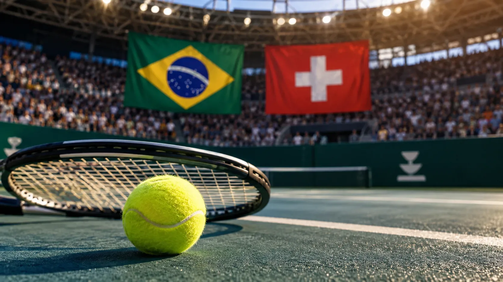 Bola e raquete de tênis em quadra coberta, com bandeiras do Brasil e da Suíça nas arquibancadas ao fundo.