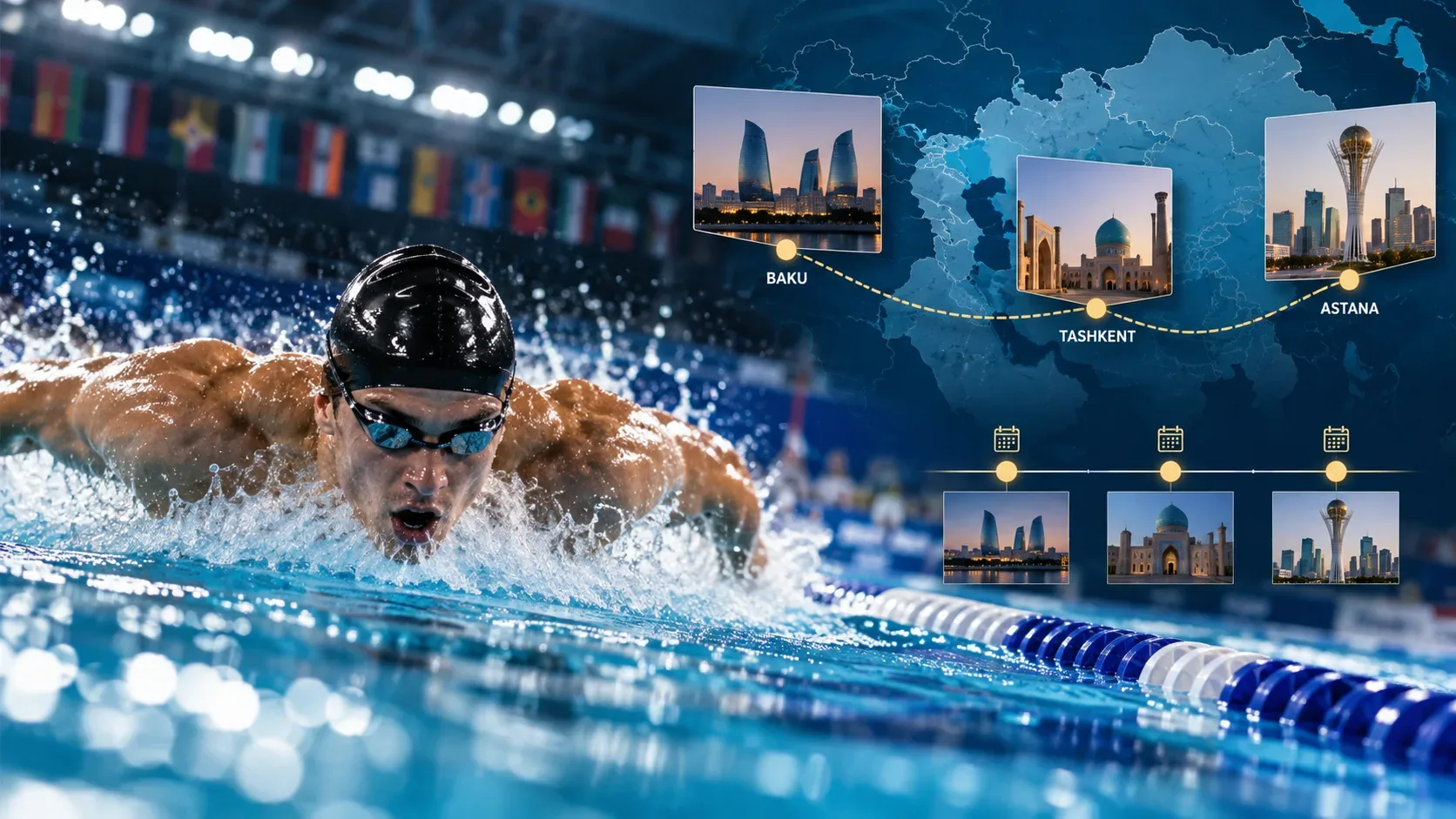 Nadador em ação em uma piscina, com mapa da Eurásia ao fundo conectando Baku, Tashkent e Astana e referências visuais às três etapas do circuito.