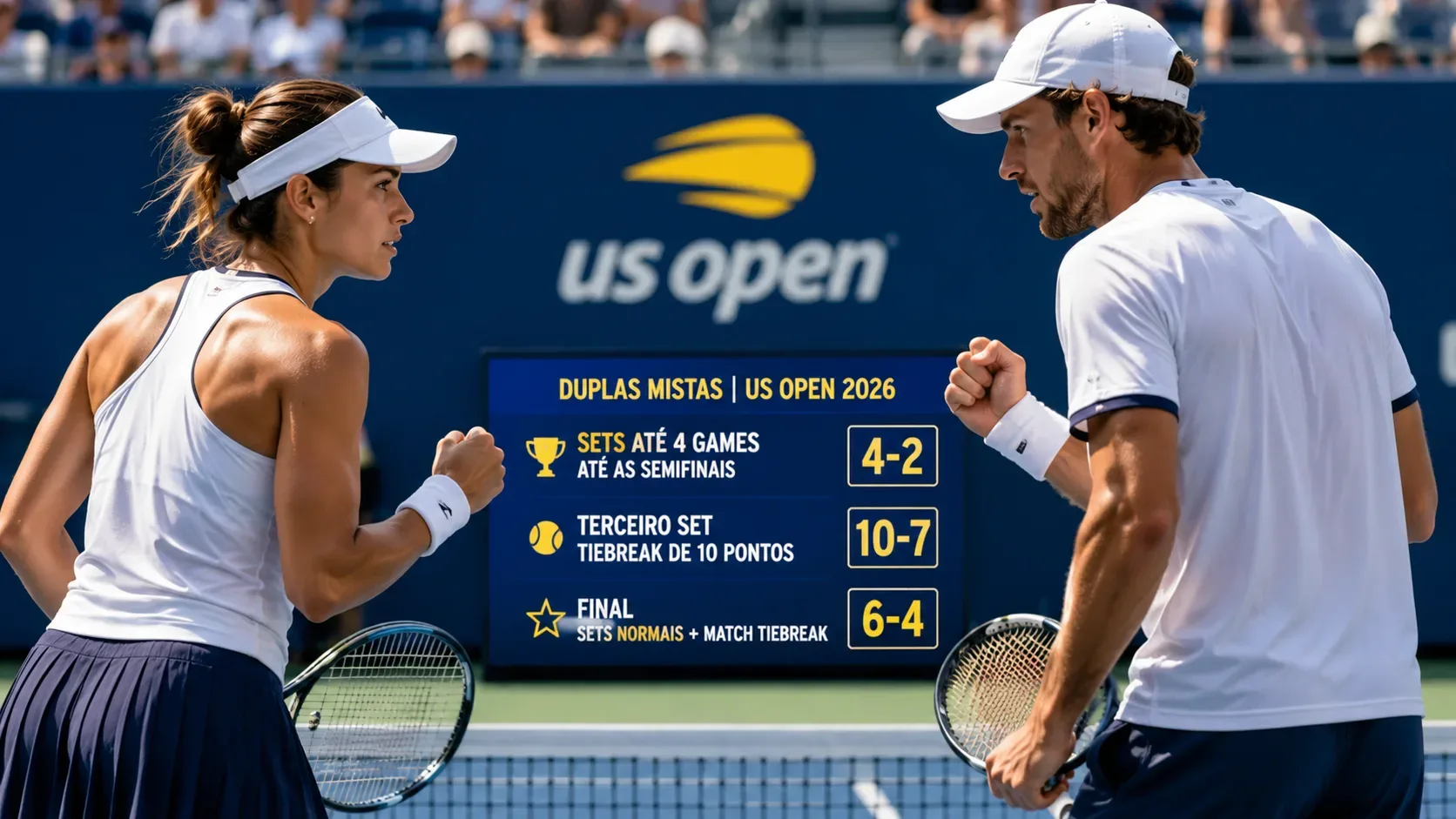 Tenistas de dupla mista em quadra azul com raquetes e painel central mostrando regras de sets curtos e tiebreak.