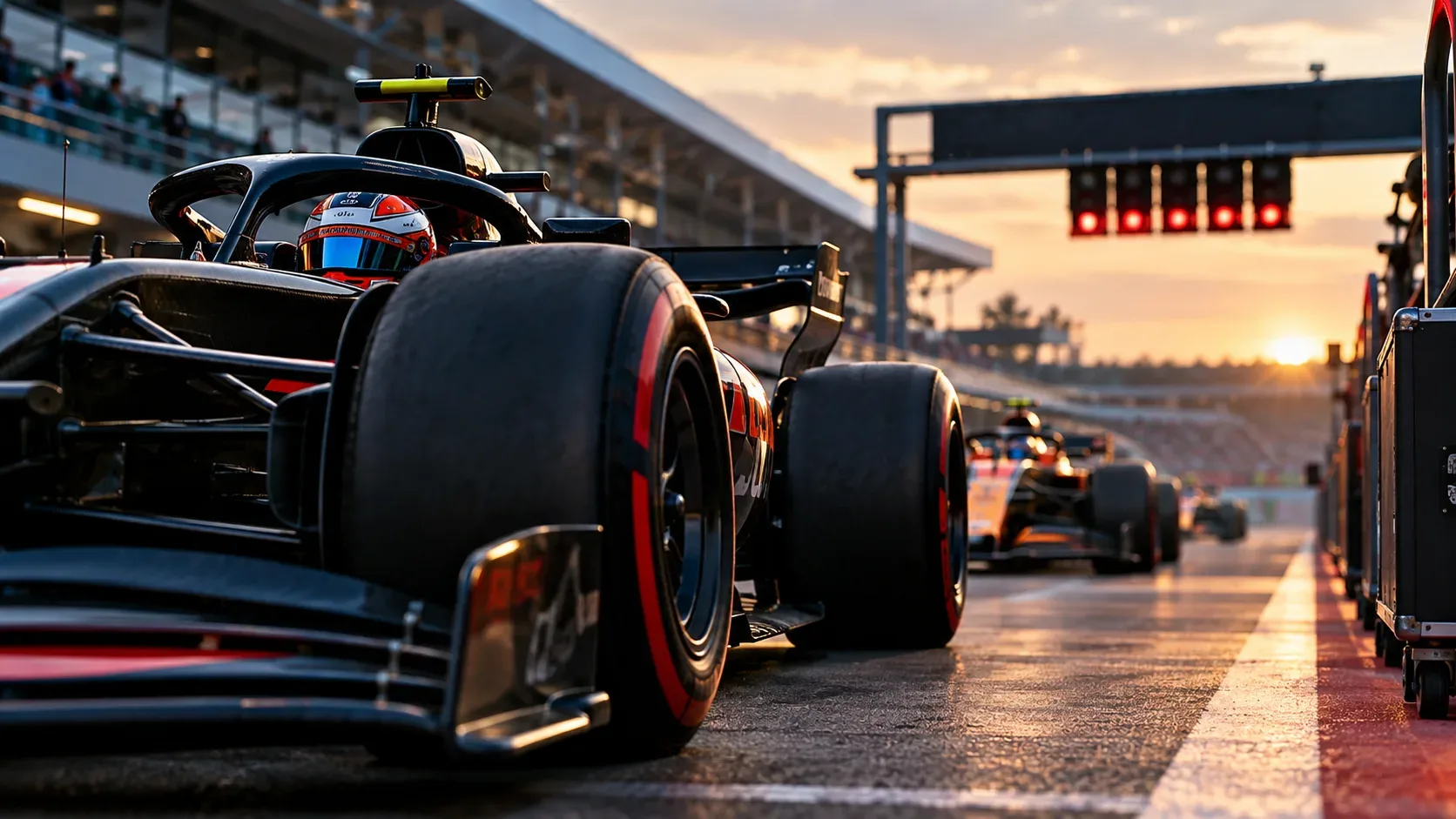 Carro monoposto preto no pit lane ao entardecer, com outros carros ao fundo e luzes vermelhas de largada.