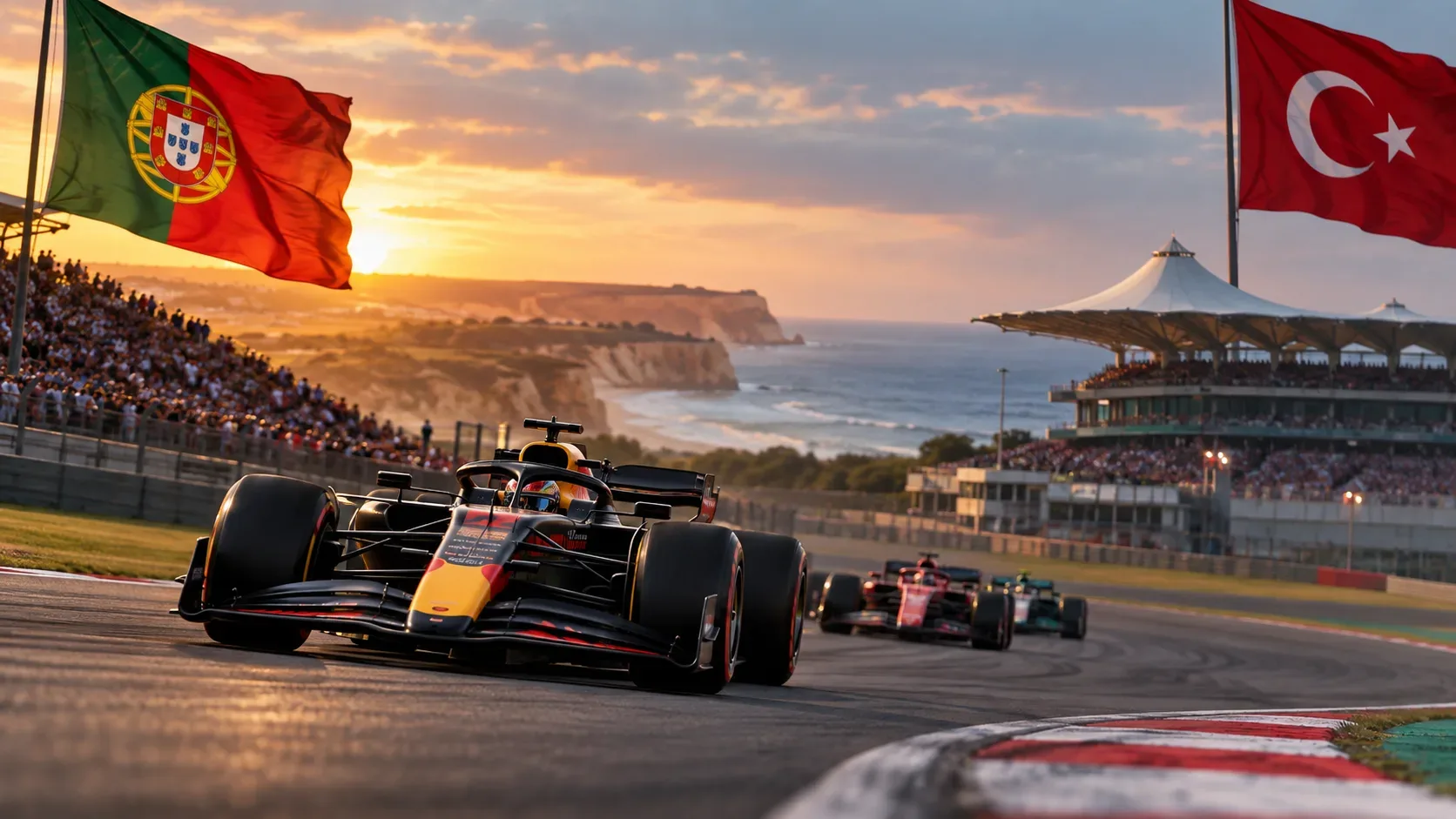 Carros de Fórmula 1 contornam uma curva ao pôr do sol, com arquibancadas cheias e bandeiras de Portugal e da Turquia ao fundo.