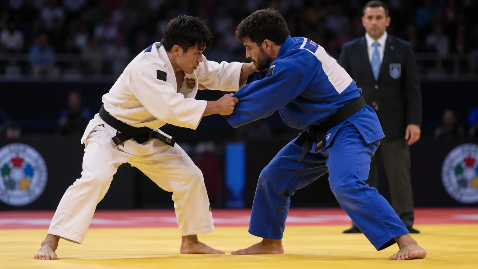Dois judocas, um de branco e outro de azul, disputam a pegada sobre o tatame enquanto o árbitro observa ao fundo.