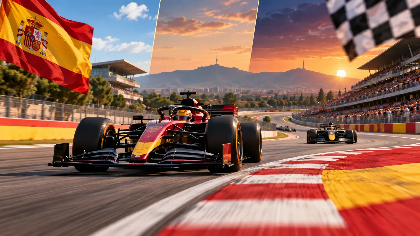Carro de Fórmula 1 vermelho e amarelo contorna a pista ao entardecer, com bandeira da Espanha, arquibancadas e outro carro ao fundo.