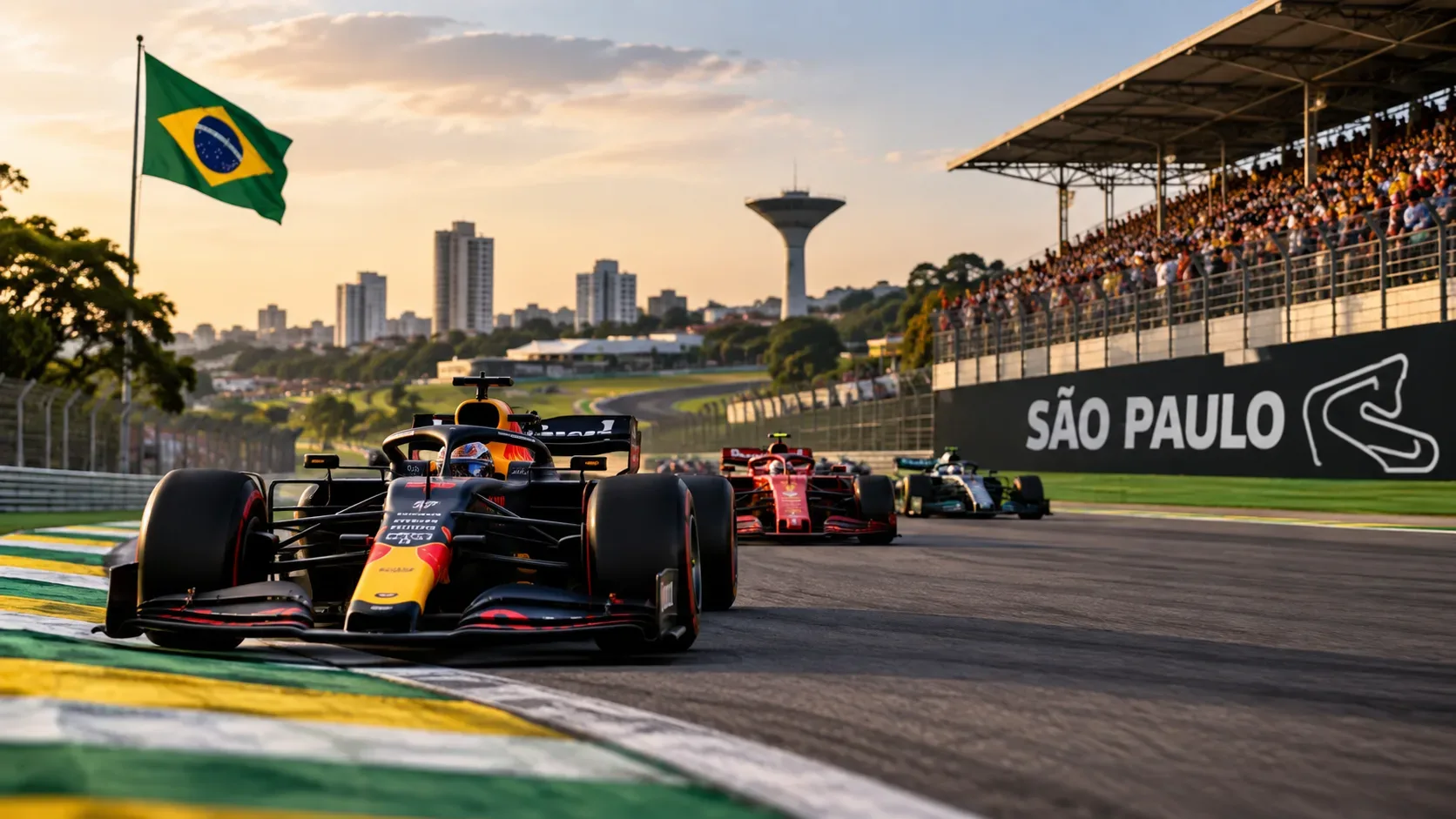 Carros de Fórmula 1 disputam uma curva em Interlagos, com arquibancadas lotadas e a bandeira do Brasil ao fundo.