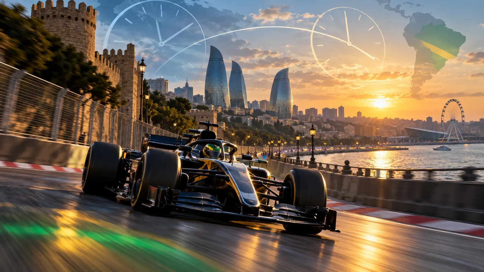 Carro de Fórmula 1 em circuito urbano de Baku ao entardecer, com torres da cidade, orla e relógios translúcidos sugerindo diferença de fuso com o Brasil.