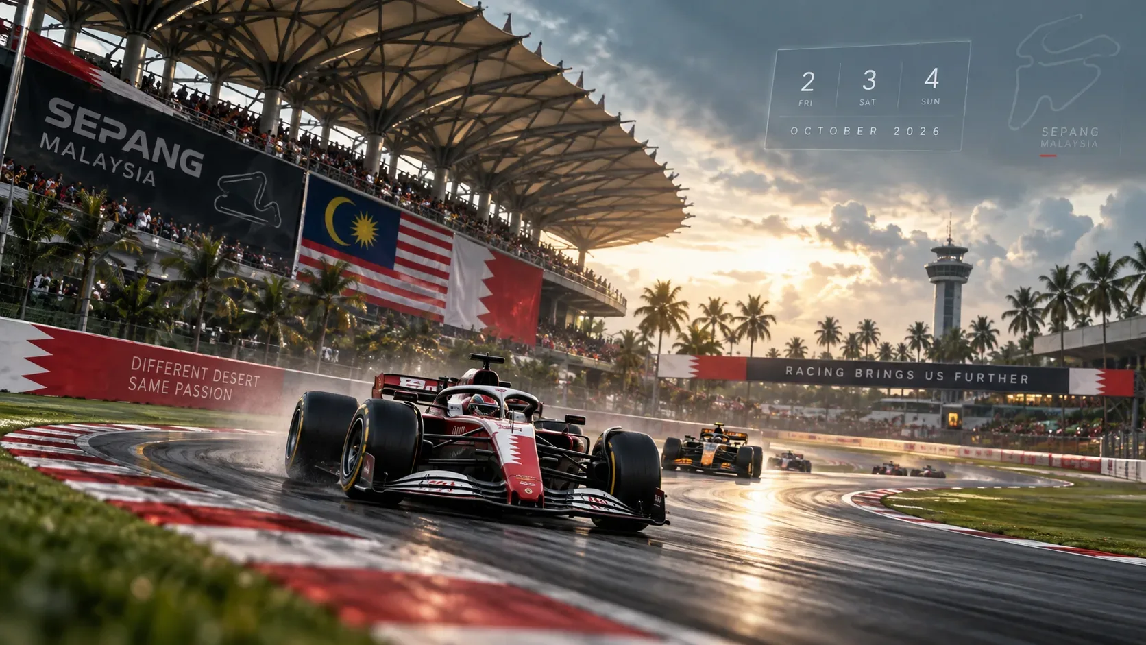 Monoposto de Fórmula 1 contorna uma pista molhada em Sepang ao entardecer, diante de arquibancadas, bandeiras da Malásia e do Bahrein e um calendário discreto de 2 a 4 de outubro.